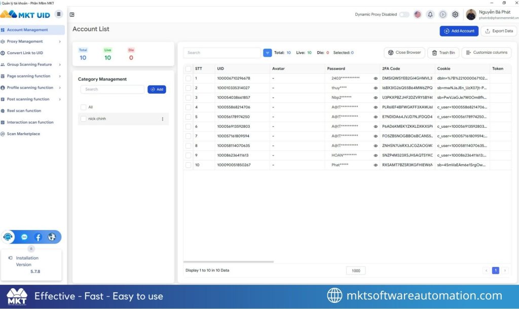 Main interface of MKT UID